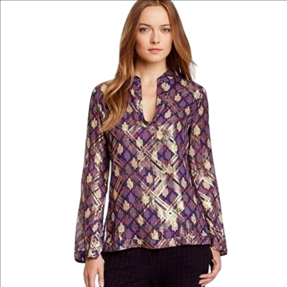 🆕 TORY BURCH PLUM PURPLE SILK BELL SLEEVES BLOUSE WITH GOLD METALLIC ACCENTS